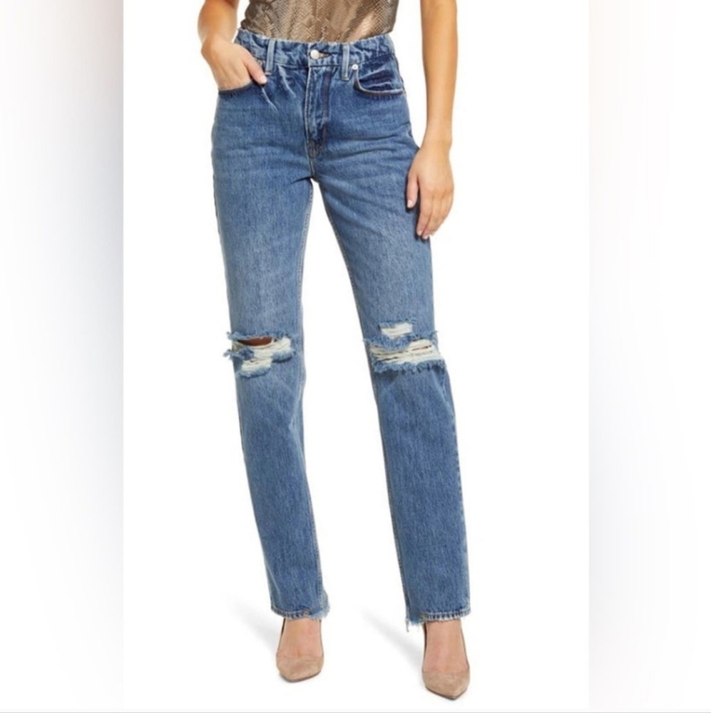 Good American Good Icon Straight Leg Ripped Jeans in Indigo061 Size 6 / 28